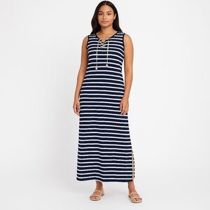 TRIBAL FEMME Navy White Striped Lace Up Sleeveless Maxi Dress Large